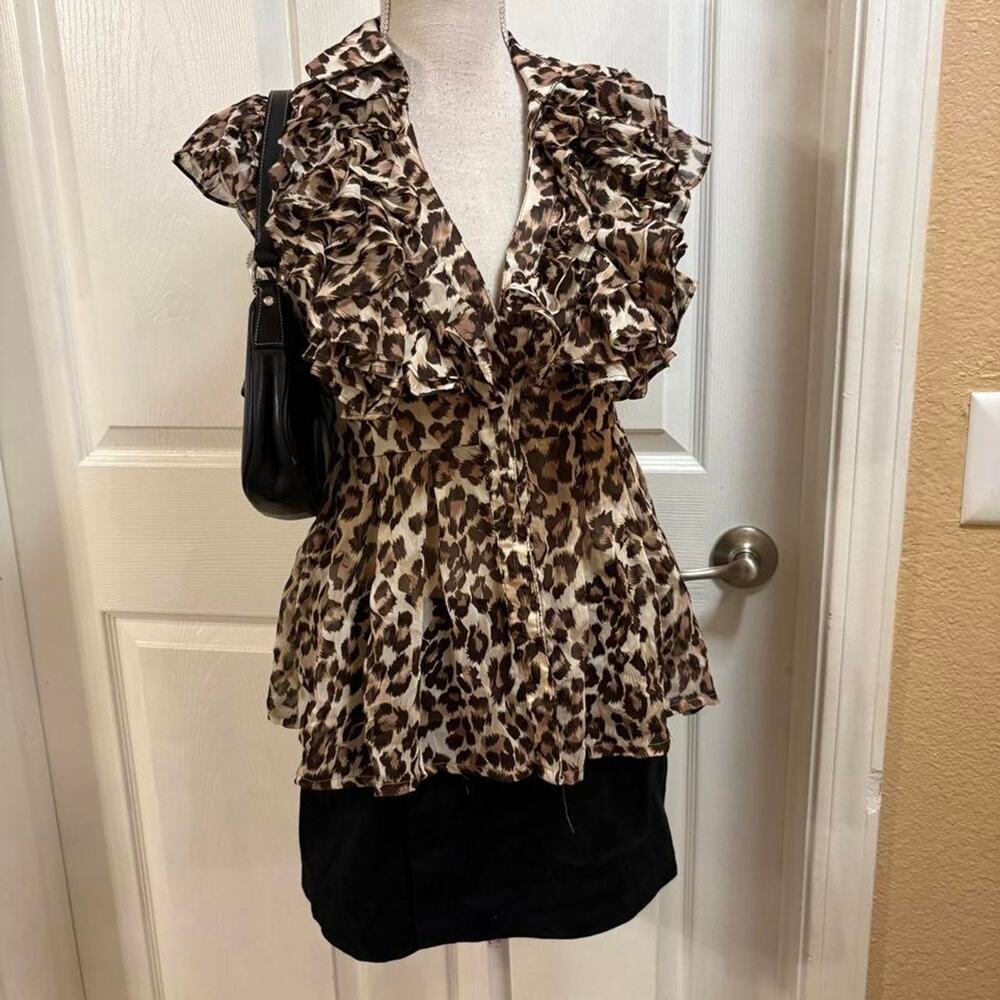 Too Mi USA Leopard print blouse with ruffles. top is sheer. Size small